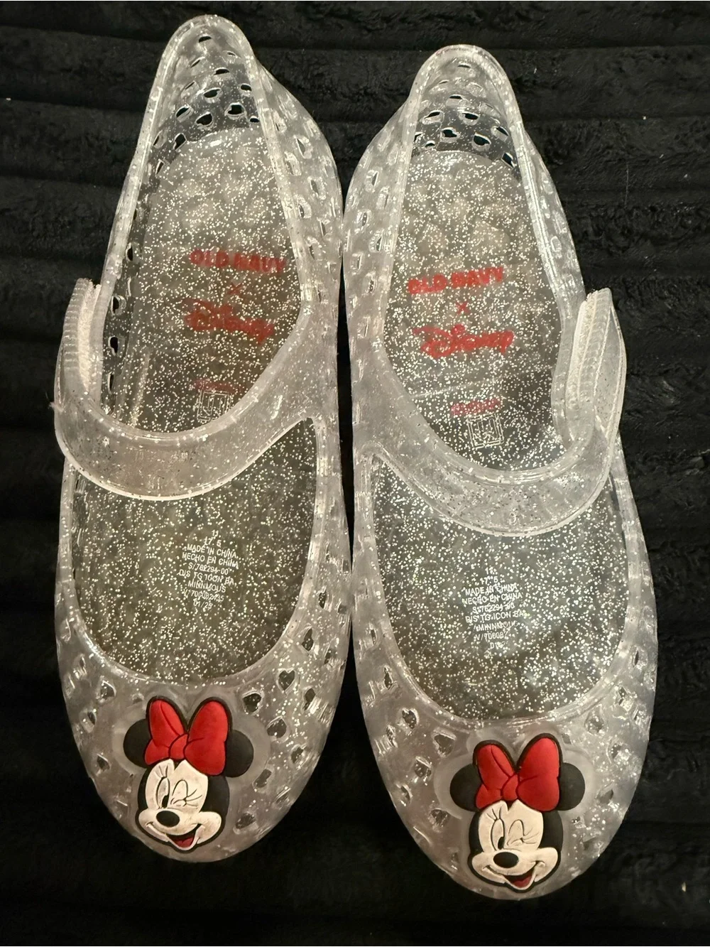 Old Navy Minnie Mouse- Clear Glitter Mary Jane Sandals with Red Bow Accent